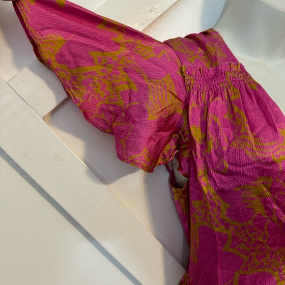 Tanya Taylor Liza Floral Print Flutter Sleeve Tie Wrap Waist Midi Dress Pink 6 - Picture 4 of 10